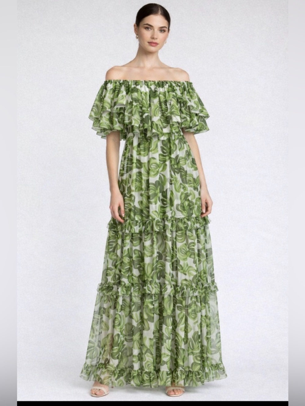 Caroline Constas Olive Green Off-Shoulder Floral Tiered Maxi Dress